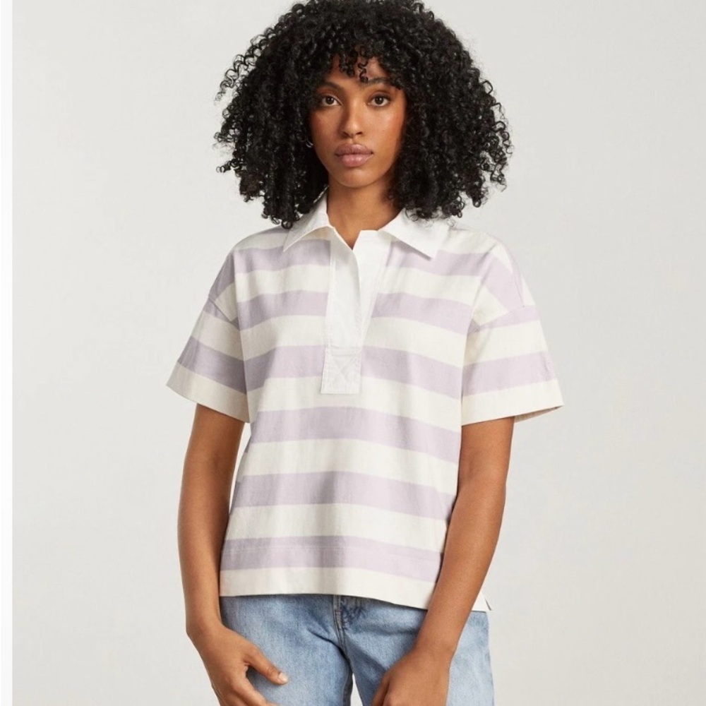 Everlane Lavender and White Striped Short Sleeve Polo Tee